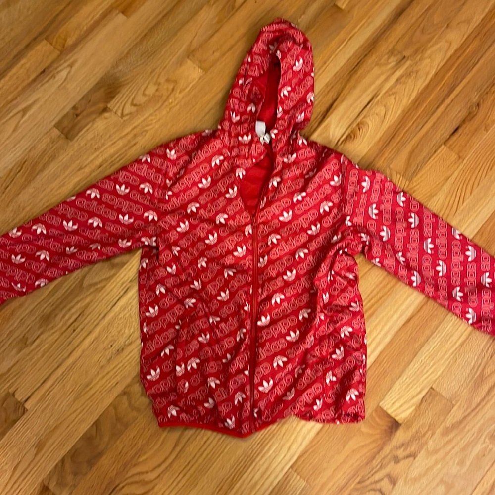 Kids large adidas red zip up lightweight jacket